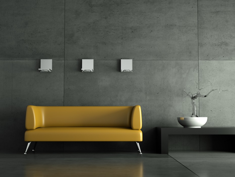 3d Rendering gelbes Ledersofa vor Betonwand