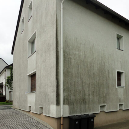 Hausfassade, stark verschmutzt und mit starkem Algen- und Pilbefall.
