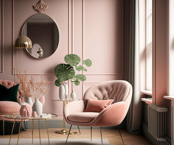 Modern apartment's chic living room with a pink tone, chic furnishings, a chair on parquet flooring, a blank circular wall, and fine accents. home furnishings,. Generative AI