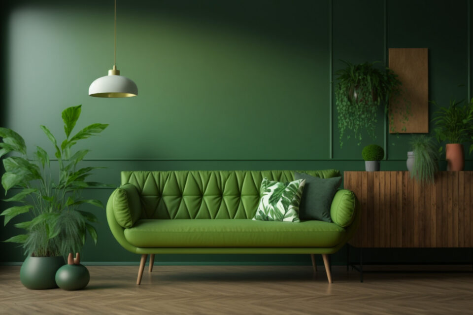 On a green wall with wooden floors, there is a green sofa and table. Generative AI