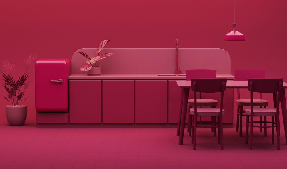 Viva magenta is a trend colour year 2023 in the kitchen room. Interior of the room in plain monochrome viva magenta color with washing sink, faucet, table dinner.3d render