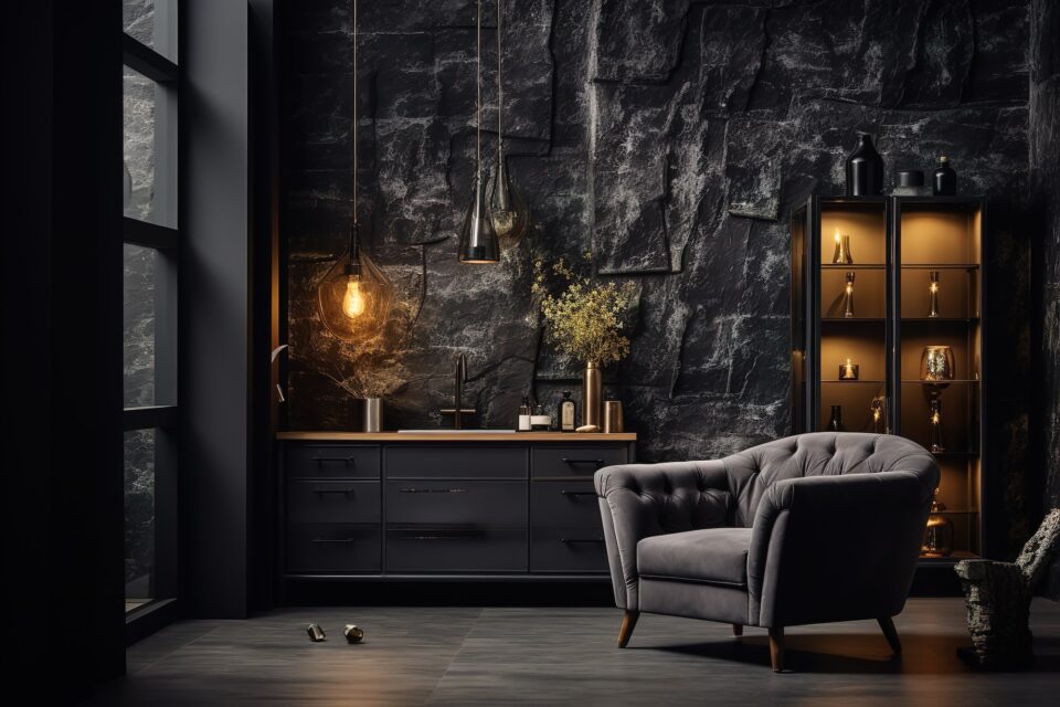 Luxury living room in dark color. Gray walls, warm ligh and lounge furniture – taupe chairs. Empty space for art or picture. Rich interior design. Mockup of a room or hall. 3d rendering